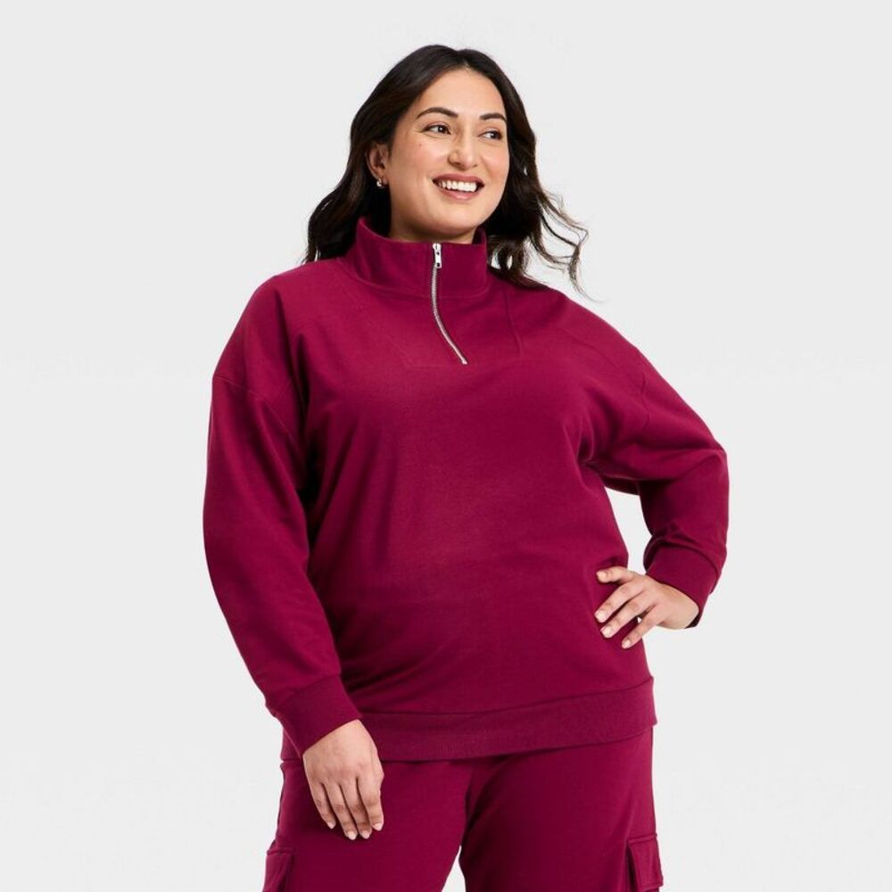 Women's French Terry Pullover Mockneck Sweatshirt - Ava & Viv Burgundy 1X